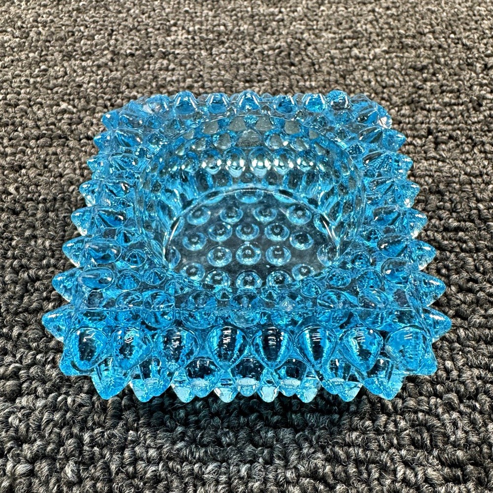 Vintage Blue Hobnail Pressed Glass Square Open Salt Cellar Dish 3 in